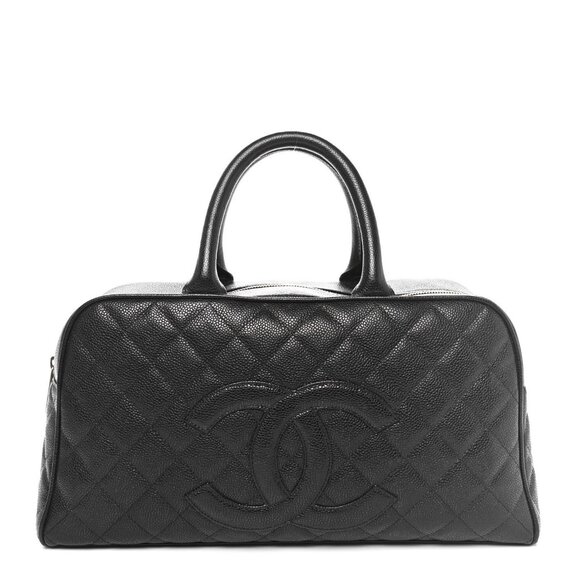CHANEL Classic Caviar CC Quilted Large Travel Bowler Duffle Bag Purse